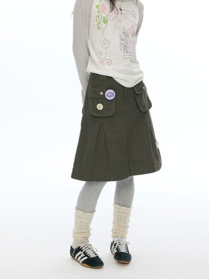 Army Green Pleated A-Line Workwear Midi Skirt【s0000018621】