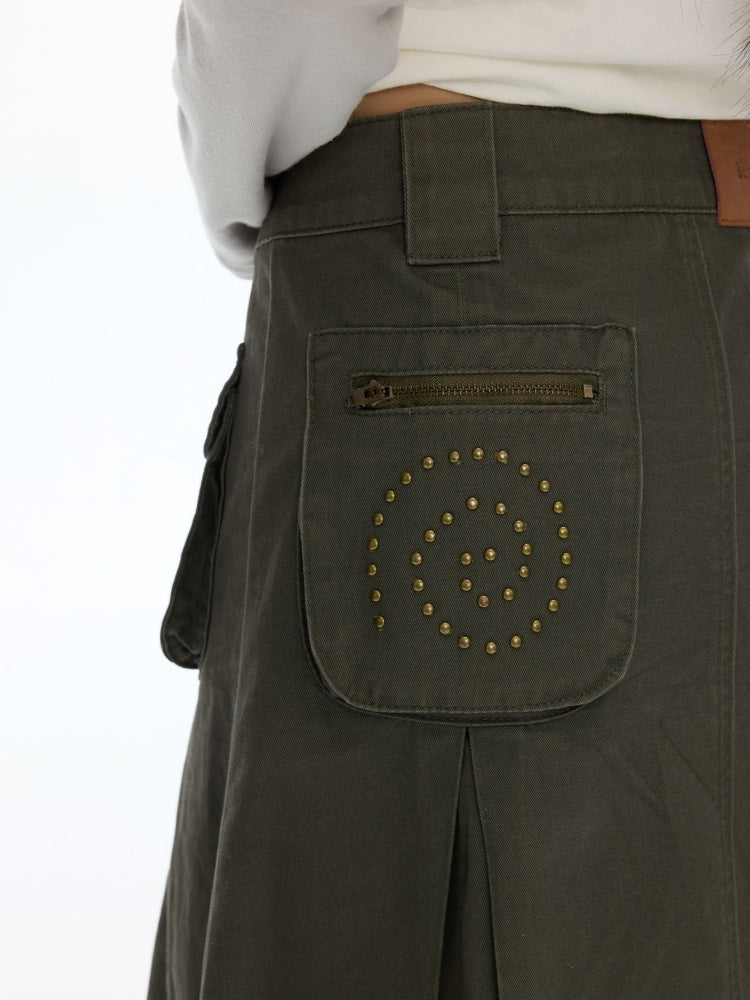 Army Green Pleated A-Line Workwear Midi Skirt【s0000018621】