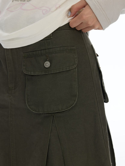 Army Green Pleated A-Line Workwear Midi Skirt【s0000018621】