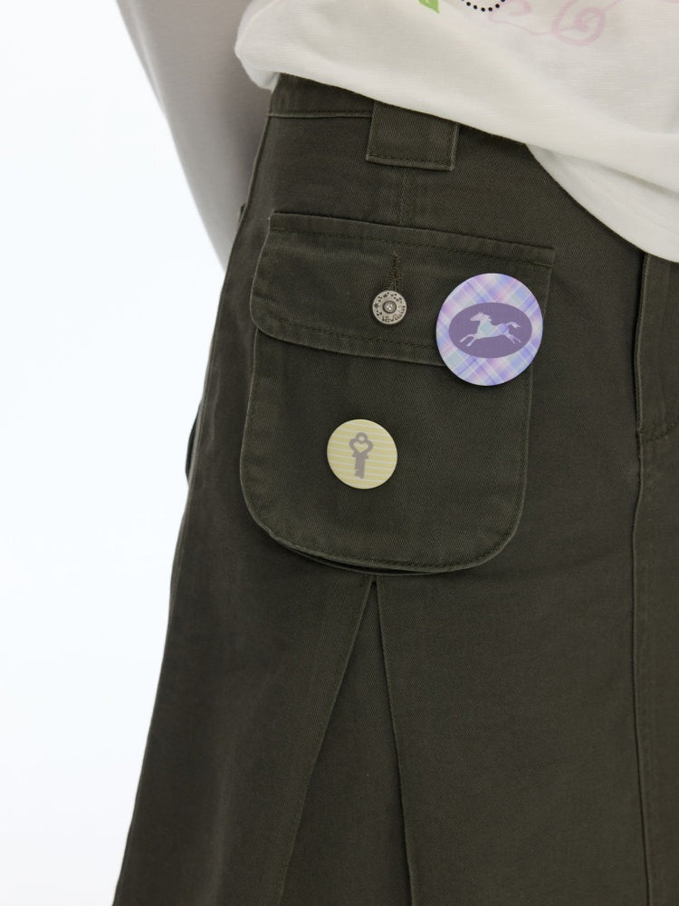 Army Green Pleated A-Line Workwear Midi Skirt【s0000018621】