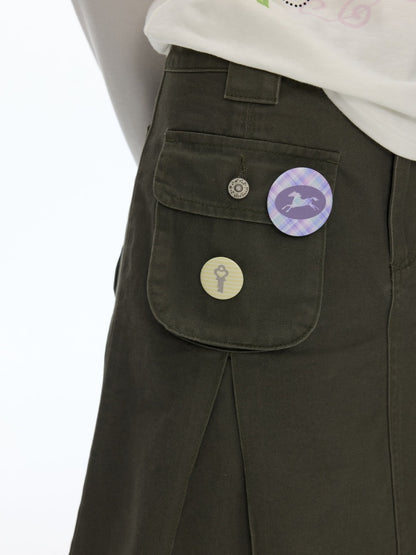 Army Green Pleated A-Line Workwear Midi Skirt【s0000018621】