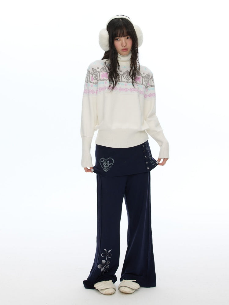Vintage Rhinestone Faux Two-Piece Skirt Petite Slightly Flared Sweatpants【s0000018622】