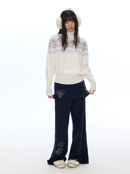 Vintage Rhinestone Faux Two-Piece Skirt Petite Slightly Flared Sweatpants【s0000018622】