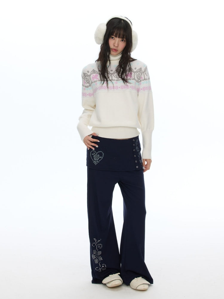 Vintage Rhinestone Faux Two-Piece Skirt Petite Slightly Flared Sweatpants【s0000018622】