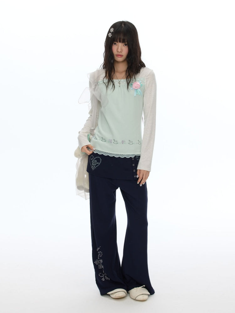 Vintage Rhinestone Faux Two-Piece Skirt Petite Slightly Flared Sweatpants【s0000018622】