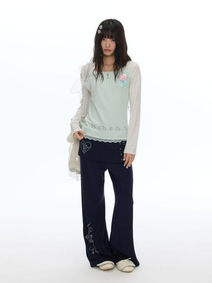 Vintage Rhinestone Faux Two-Piece Skirt Petite Slightly Flared Sweatpants【s0000018622】