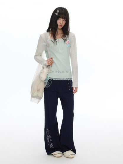 Vintage Rhinestone Faux Two-Piece Skirt Petite Slightly Flared Sweatpants【s0000018622】