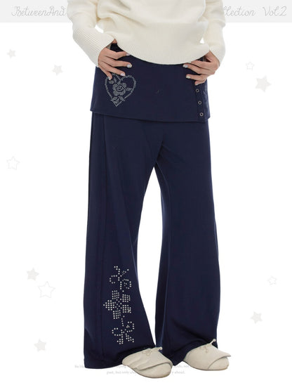 Vintage Rhinestone Faux Two-Piece Skirt Petite Slightly Flared Sweatpants【s0000018622】