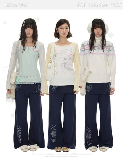 Vintage Rhinestone Faux Two-Piece Skirt Petite Slightly Flared Sweatpants【s0000018622】