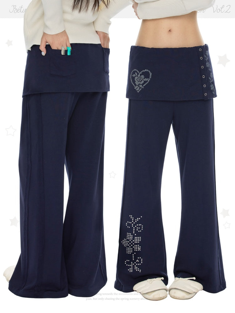 Vintage Rhinestone Faux Two-Piece Skirt Petite Slightly Flared Sweatpants【s0000018622】