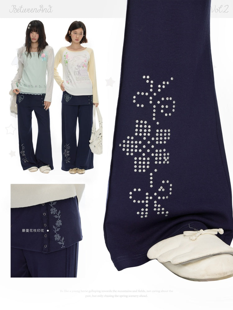 Vintage Rhinestone Faux Two-Piece Skirt Petite Slightly Flared Sweatpants【s0000018622】