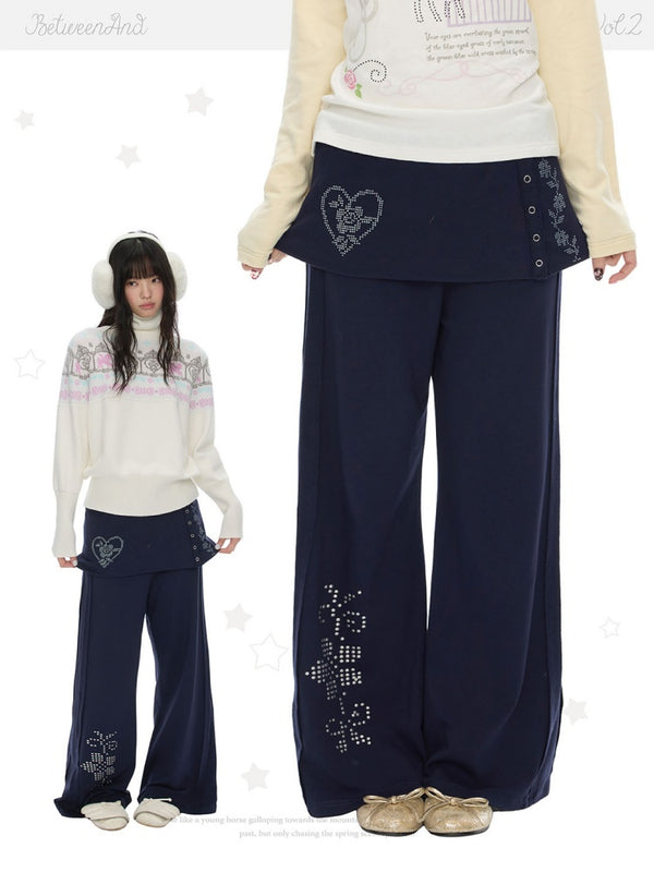 Vintage Rhinestone Faux Two-Piece Skirt Petite Slightly Flared Sweatpants【s0000018622】