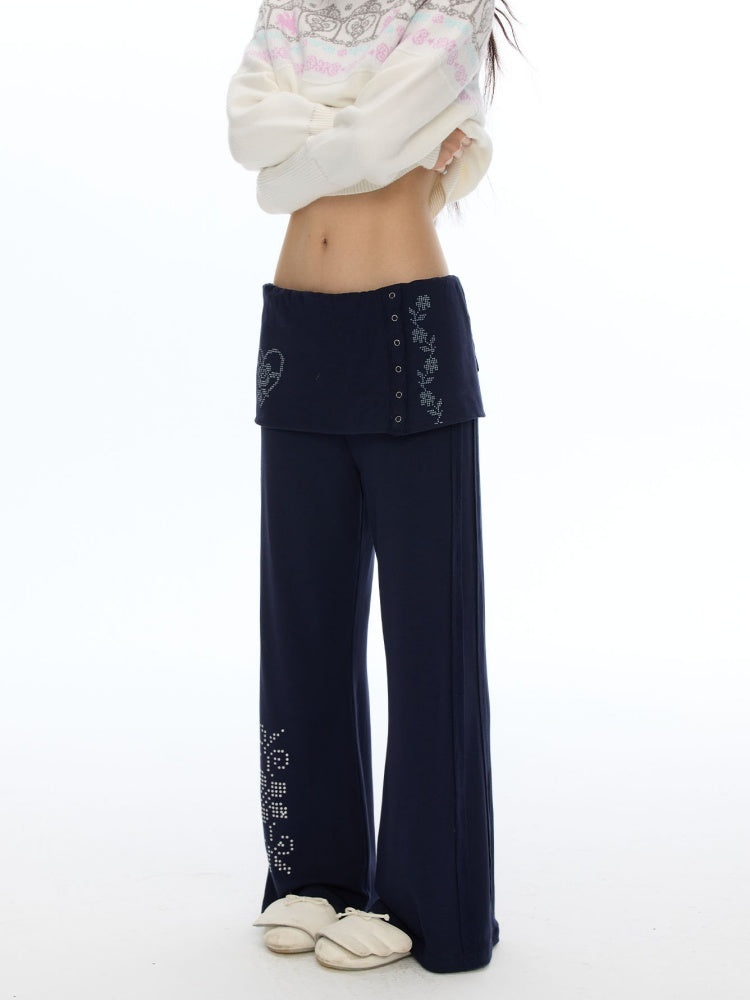 Vintage Rhinestone Faux Two-Piece Skirt Petite Slightly Flared Sweatpants【s0000018622】