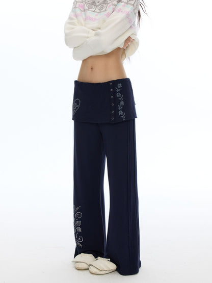 Vintage Rhinestone Faux Two-Piece Skirt Petite Slightly Flared Sweatpants【s0000018622】