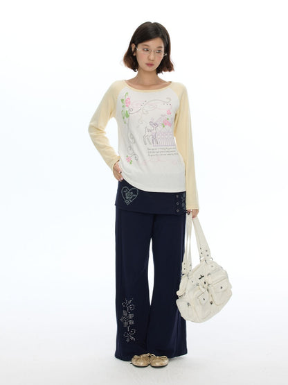 Vintage Rhinestone Faux Two-Piece Skirt Petite Slightly Flared Sweatpants【s0000018622】