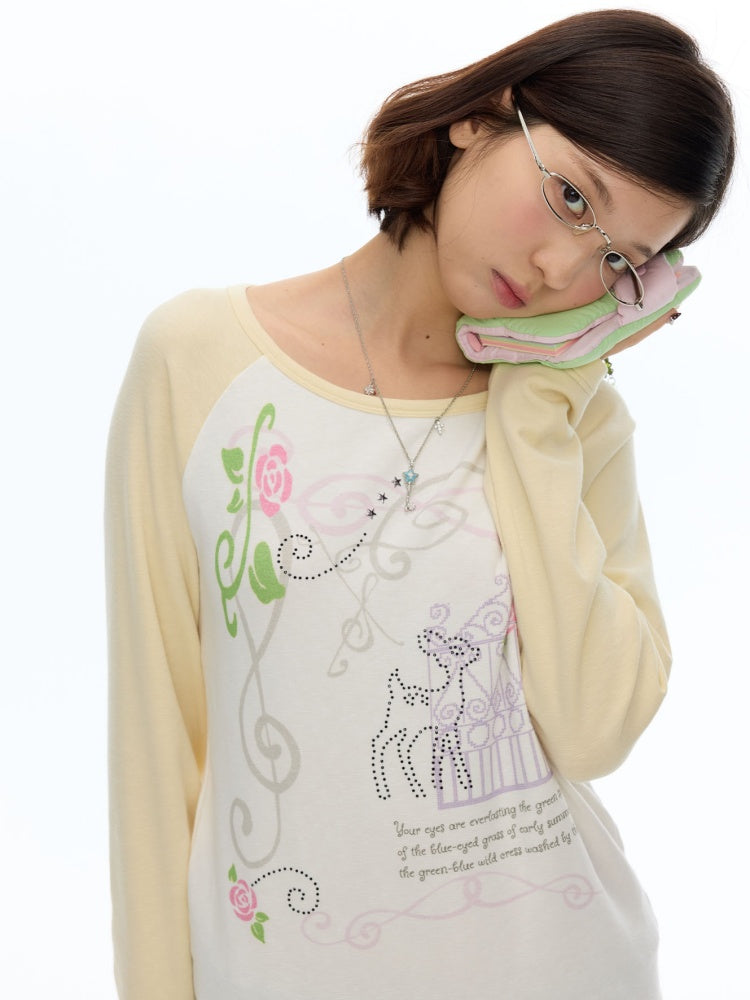 Musical Note Rose Print Raglan Long-Sleeve T-Shirt【s0000018623】