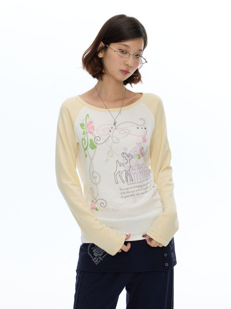 Musical Note Rose Print Raglan Long-Sleeve T-Shirt【s0000018623】
