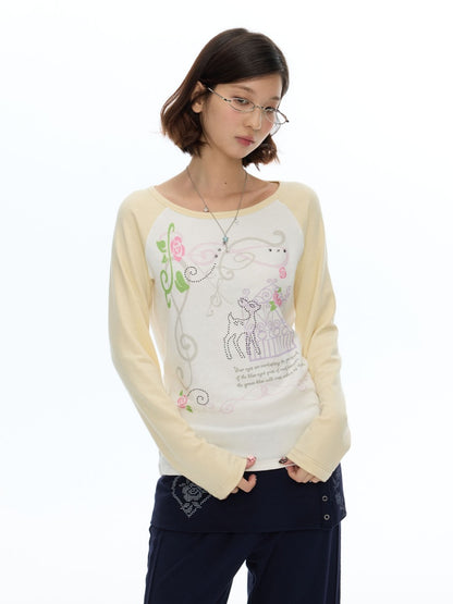 Musical Note Rose Print Raglan Long-Sleeve T-Shirt【s0000018623】
