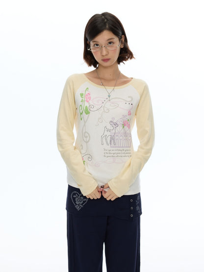Musical Note Rose Print Raglan Long-Sleeve T-Shirt【s0000018623】