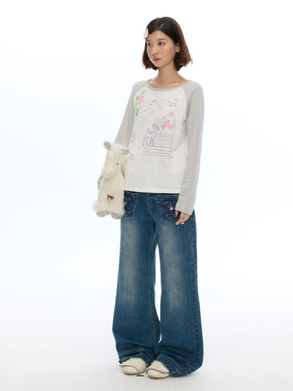 Musical Note Rose Print Raglan Long-Sleeve T-Shirt【s0000018623】