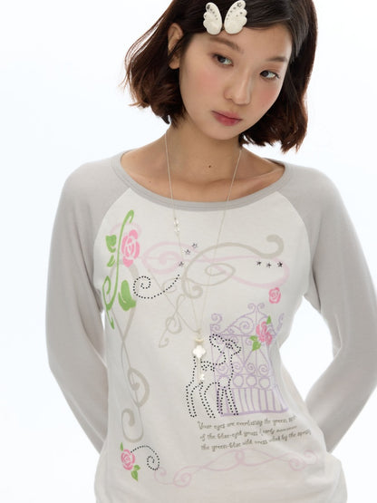Musical Note Rose Print Raglan Long-Sleeve T-Shirt【s0000018623】