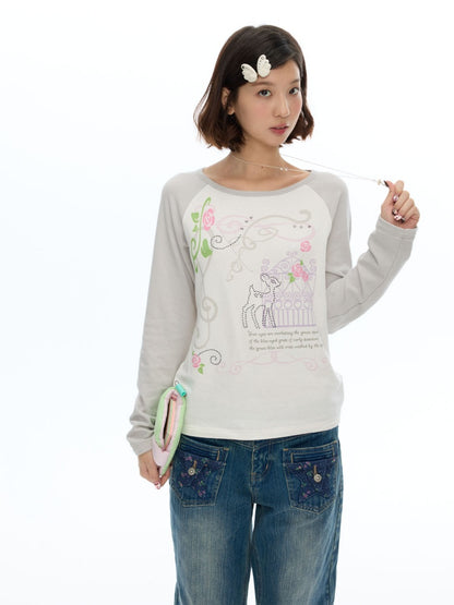 Musical Note Rose Print Raglan Long-Sleeve T-Shirt【s0000018623】