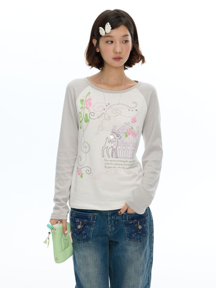Musical Note Rose Print Raglan Long-Sleeve T-Shirt【s0000018623】