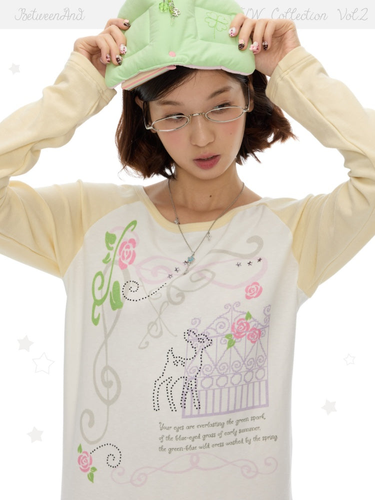Musical Note Rose Print Raglan Long-Sleeve T-Shirt【s0000018623】