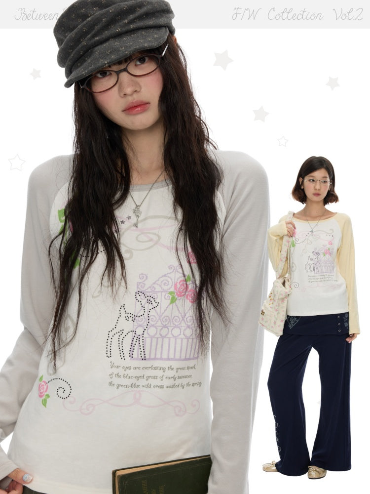 Musical Note Rose Print Raglan Long-Sleeve T-Shirt【s0000018623】
