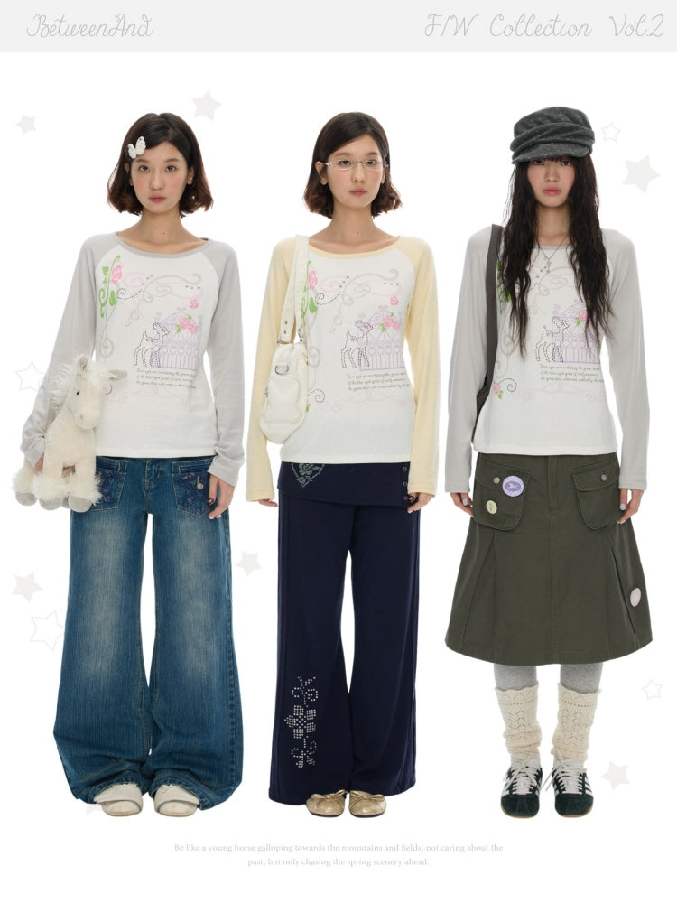 Musical Note Rose Print Raglan Long-Sleeve T-Shirt【s0000018623】