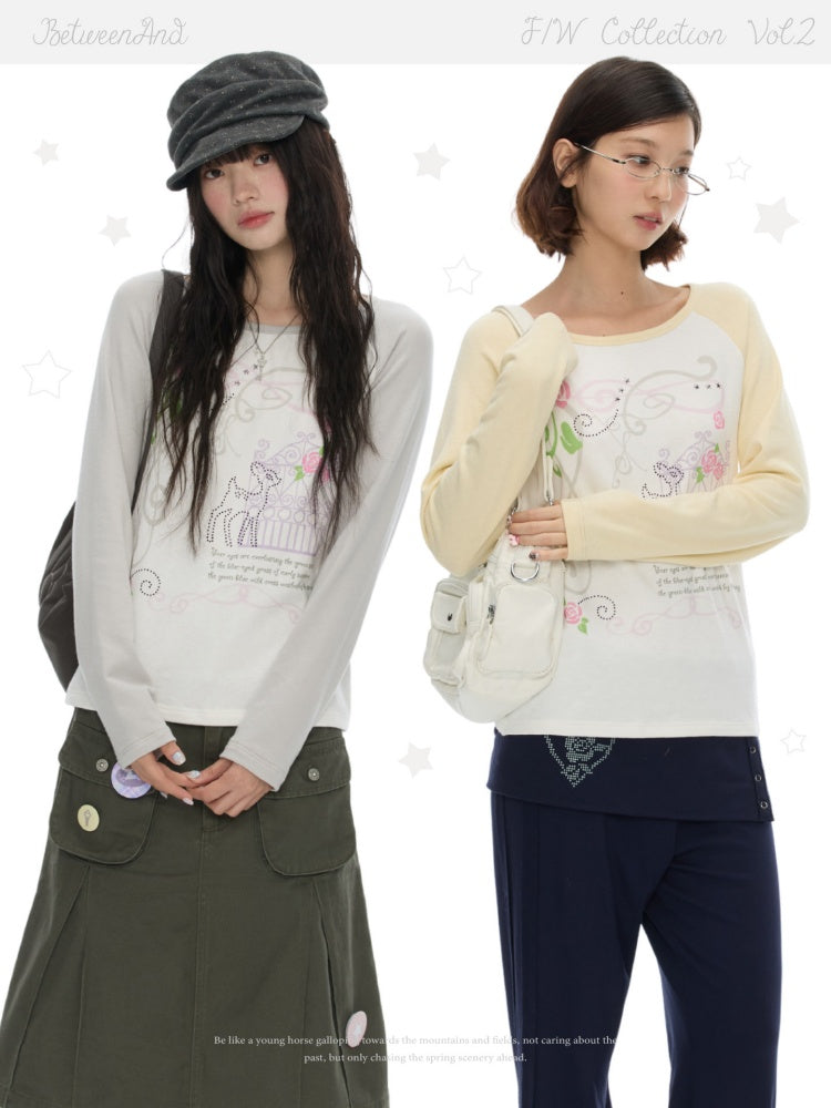 Musical Note Rose Print Raglan Long-Sleeve T-Shirt【s0000018623】