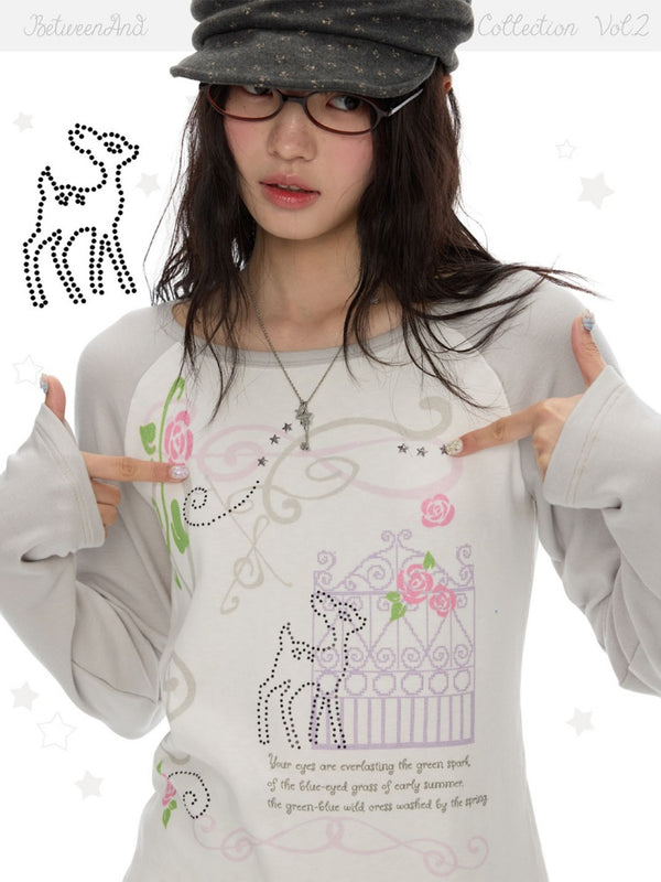 Musical Note Rose Print Raglan Long-Sleeve T-Shirt【s0000018623】