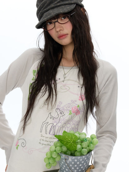 Musical Note Rose Print Raglan Long-Sleeve T-Shirt【s0000018623】