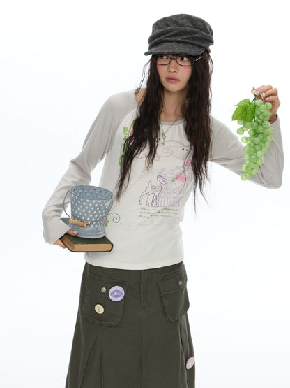 Musical Note Rose Print Raglan Long-Sleeve T-Shirt【s0000018623】