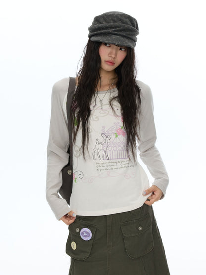 Musical Note Rose Print Raglan Long-Sleeve T-Shirt【s0000018623】
