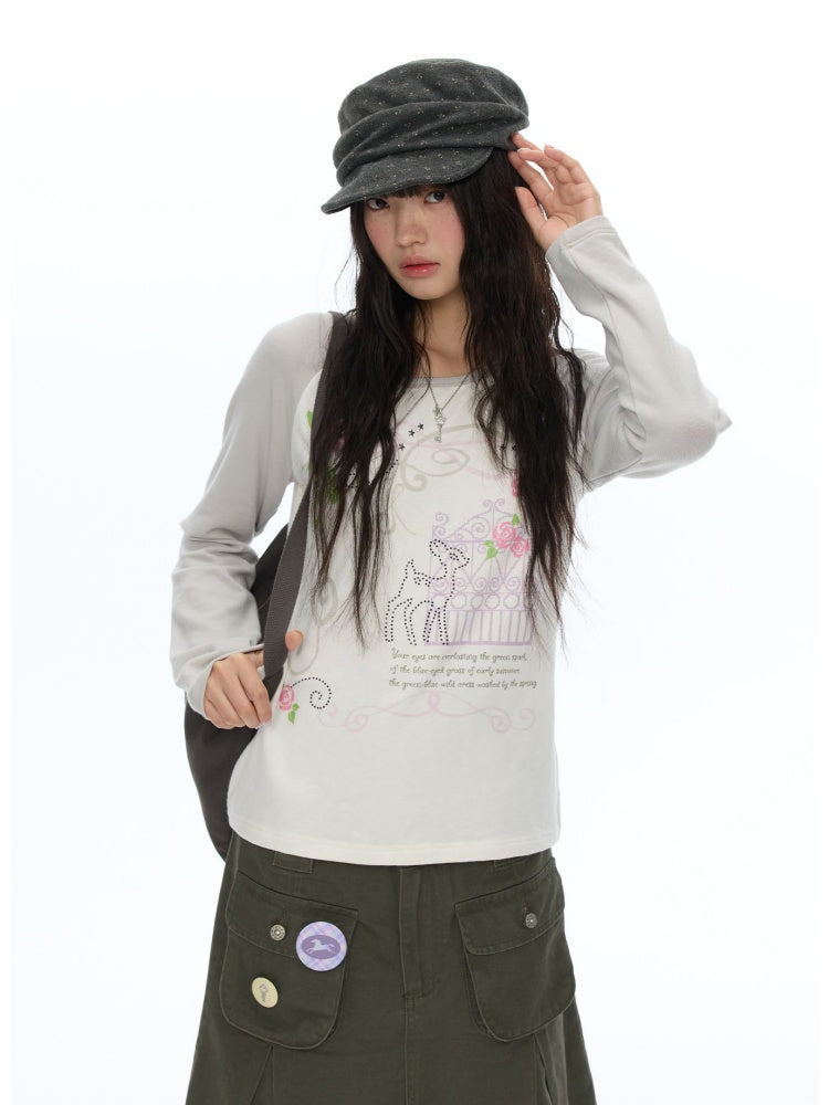 Musical Note Rose Print Raglan Long-Sleeve T-Shirt【s0000018623】