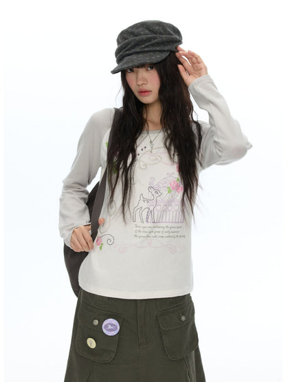 Musical Note Rose Print Raglan Long-Sleeve T-Shirt【s0000018623】