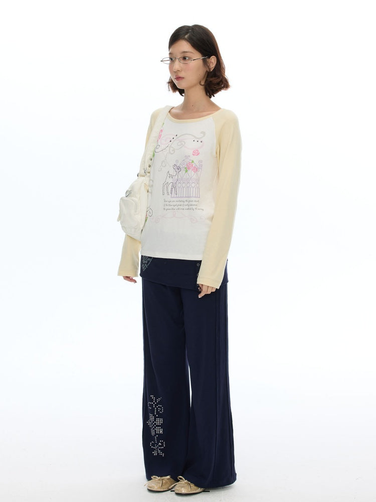 Musical Note Rose Print Raglan Long-Sleeve T-Shirt【s0000018623】