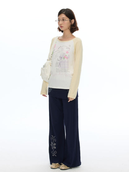 Musical Note Rose Print Raglan Long-Sleeve T-Shirt【s0000018623】