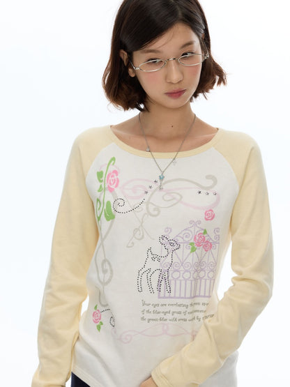 Musical Note Rose Print Raglan Long-Sleeve T-Shirt【s0000018623】