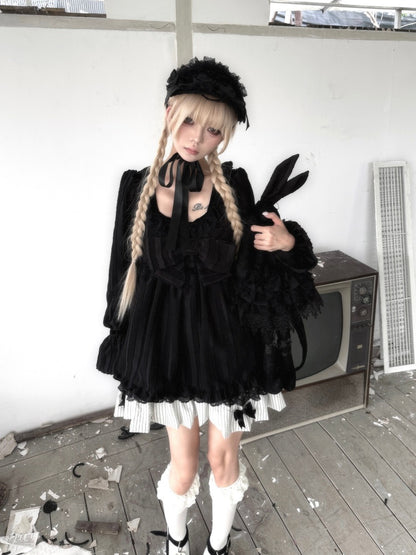 Large Bow Jacquard Striped Lace Black&White Doll Dress【s0000018625】