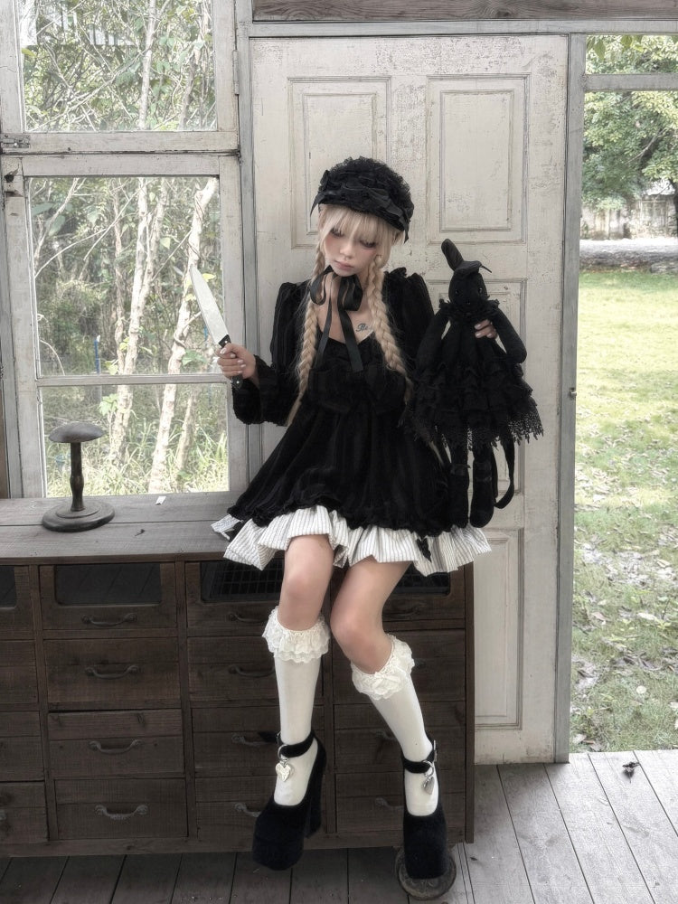 Large Bow Jacquard Striped Lace Black&White Doll Dress【s0000018625】