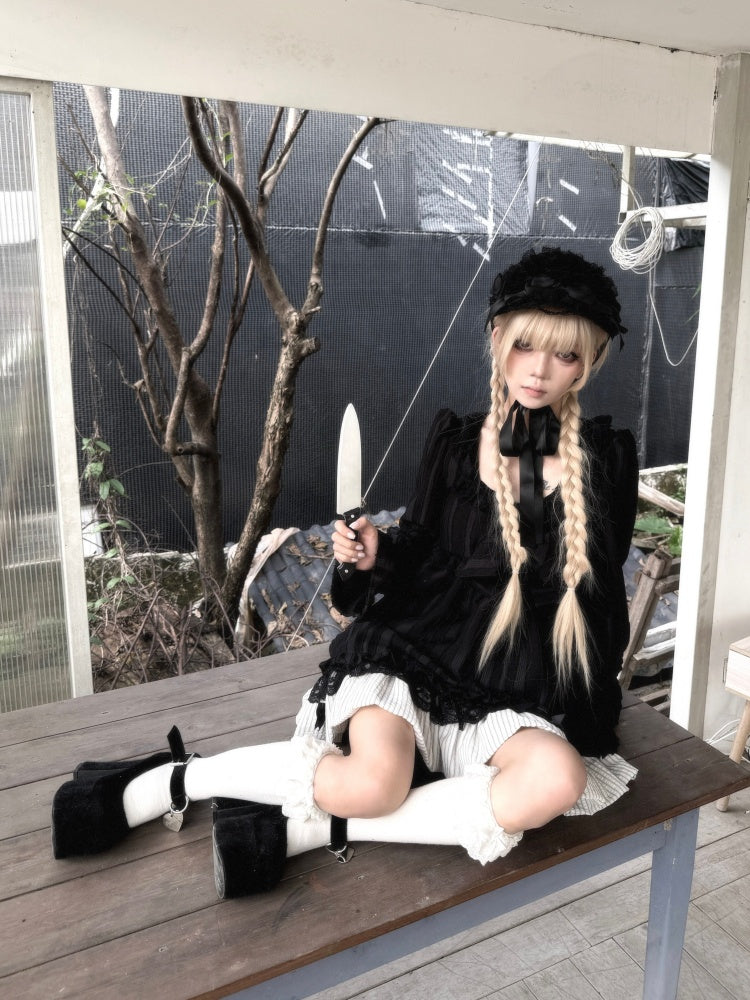 Large Bow Jacquard Striped Lace Black&White Doll Dress【s0000018625】