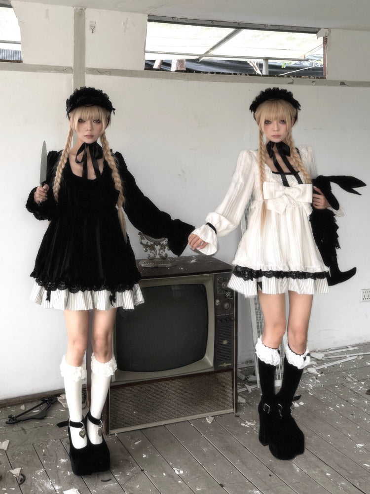 Large Bow Jacquard Striped Lace Black&White Doll Dress【s0000018625】