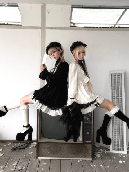 Large Bow Jacquard Striped Lace Black&White Doll Dress【s0000018625】