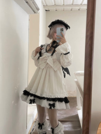 Large Bow Jacquard Striped Lace Black&White Doll Dress【s0000018625】
