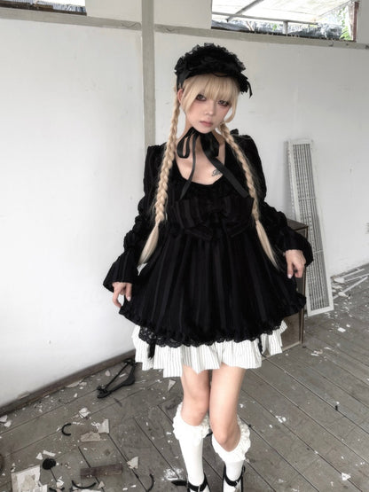 Large Bow Jacquard Striped Lace Black&White Doll Dress【s0000018625】