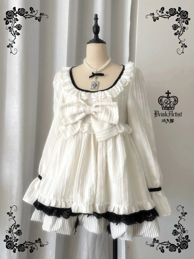 Large Bow Jacquard Striped Lace Black&White Doll Dress【s0000018625】