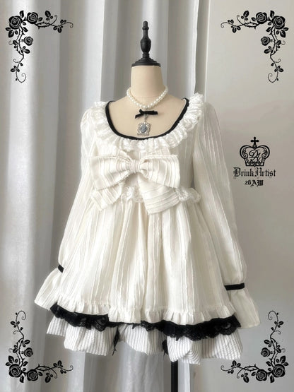 Large Bow Jacquard Striped Lace Black&White Doll Dress【s0000018625】