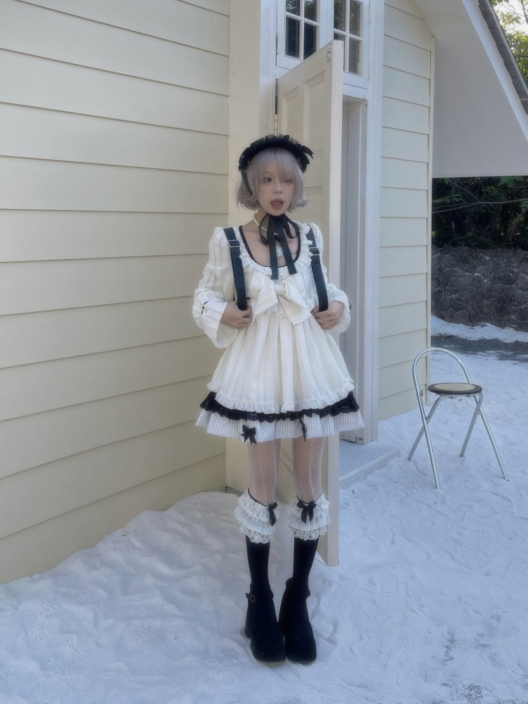 Large Bow Jacquard Striped Lace Black&White Doll Dress【s0000018625】